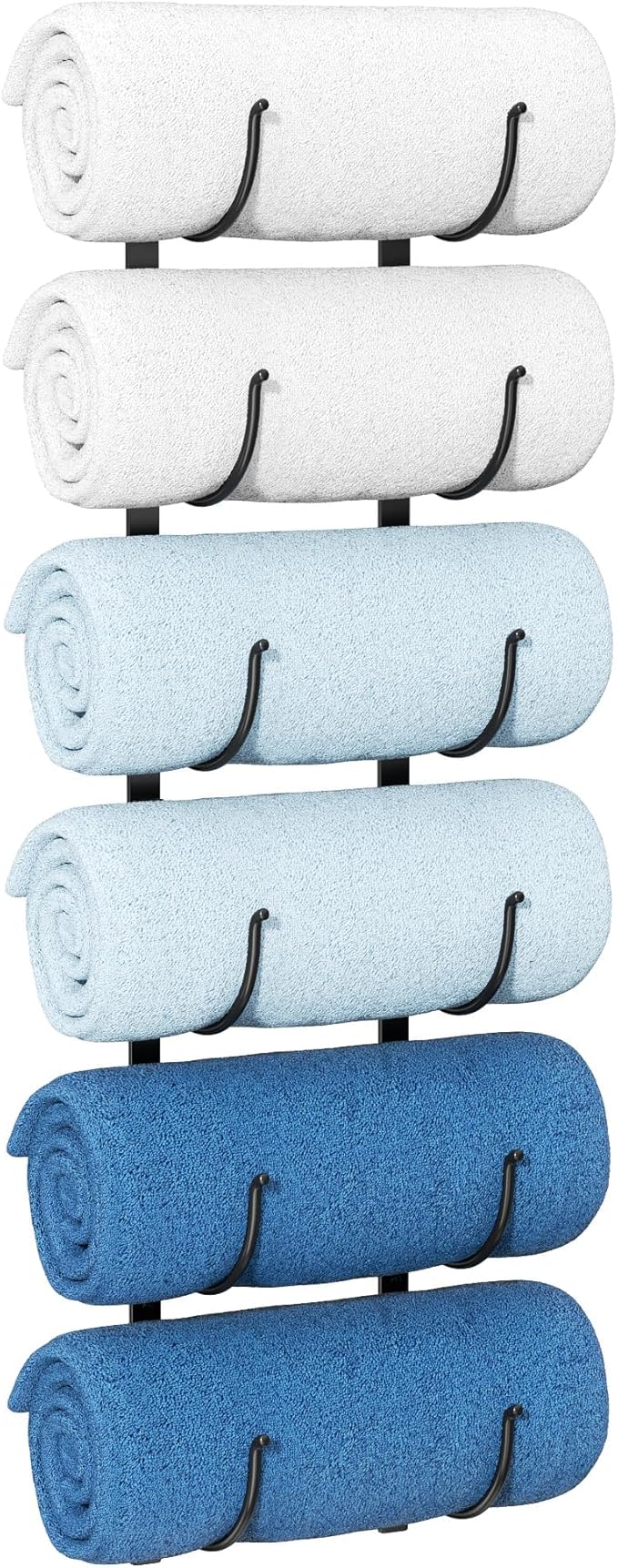 Bathroom Rolled Towel Rack: 6-Tier Wall Mounted Towel Storage Holder, Hanging Organizer for Towels, Blankets, Large Bath Sheets, Space Saving in RV, Closet, Toilet, Cabinet, Black