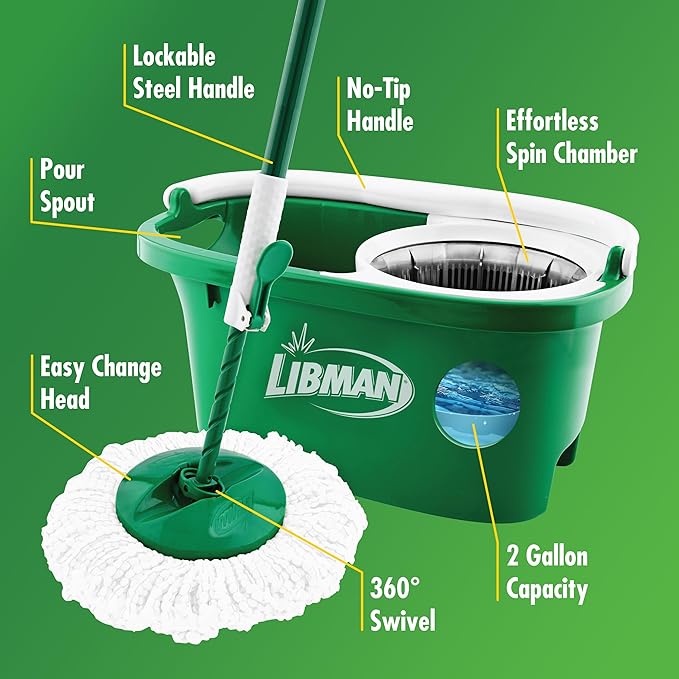 Libman Tornado Spin Mop System and 1 Refill, Mop and Bucket with Wringer Set for Hardwood Floor Cleaning, 2 Total Heads Included