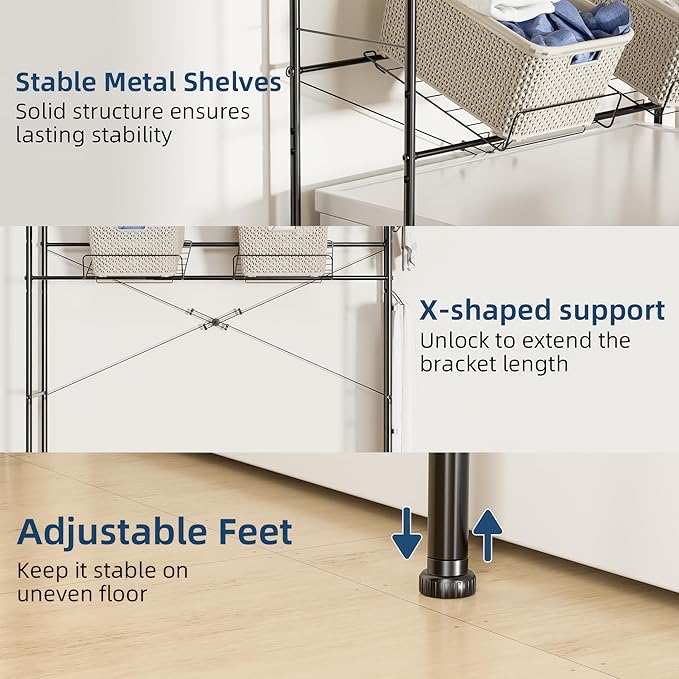 Laundry Room Storage Shelf, 2 Tier Metal Over Washer and Dryer Shelves, Washing Machine Shelf with Hanger Rods & Hooks, Expandable Bathroom Space Saver Shelf, 26–36.8" L x 18.3" W x 73.8" H, Black
