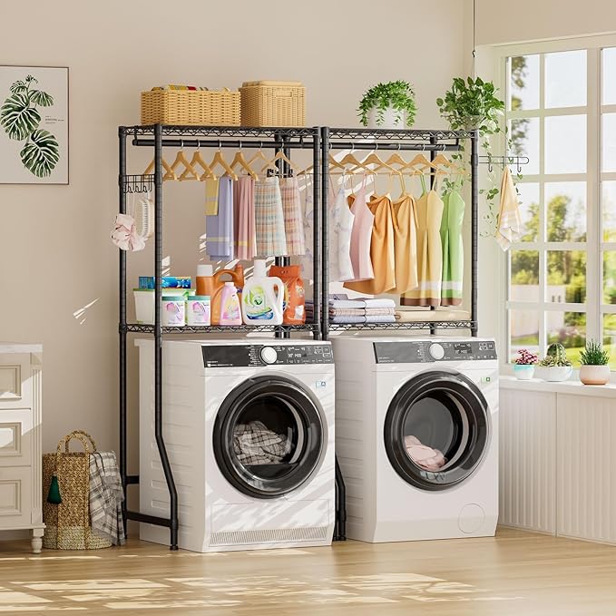 Golpart Over Washer and Dryer Shelves,2 Tier Adjustable Height Wire Shelving Laundry Room Storage Organization Clothes Drying Rack with Hanger Rod&Hooks,Space Saving Organizers Shelf,Black