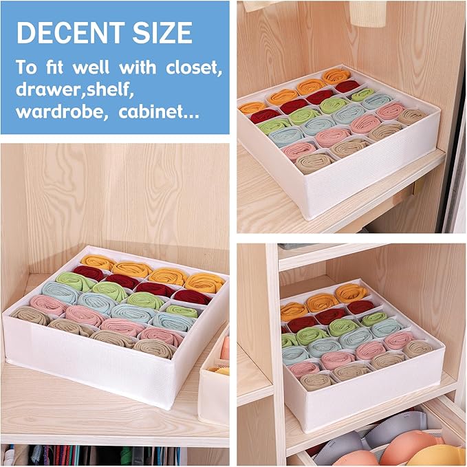 Foldable Storage Cubes Drawer Underwear Organizer Dividers， under Cabinet Organizer 24-Cell Fabric Storage Boxes for Lingerie,Socks,Ties （White）