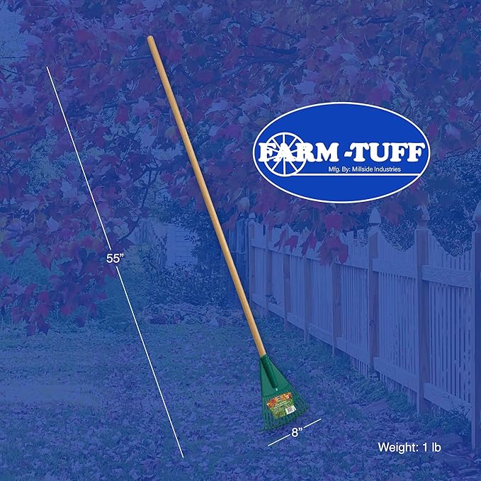 FARM-TUFF 8 Inch Garden Rake with 48 Inch Hardwood Handle - Durable & Compact Garden Rake for Shrubs, Flower Beds, and Tight Spaces