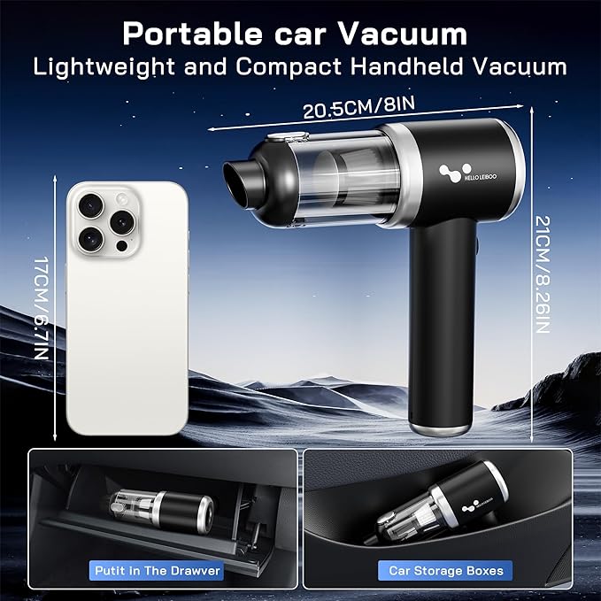 helloleiboo Handheld Car Vacuum Cleaner 16000PA Car Vacuum Portable Cordless 120W High Power 4-in-1 Mini Vacuum Cleaner Rechargeable & Air Duster Multi-Nozzles for Home Office Pet（Black）