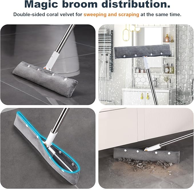 Rubber Squeegee Broom for Floor,Upgrade 62" Long Handle Window Squeegee, 2 Cleaning Cloths, Silicone Pet Hair Remover,Magic Squeegee Broom Removes Water Spots, Stains, Grease, and Glass Surfaces.