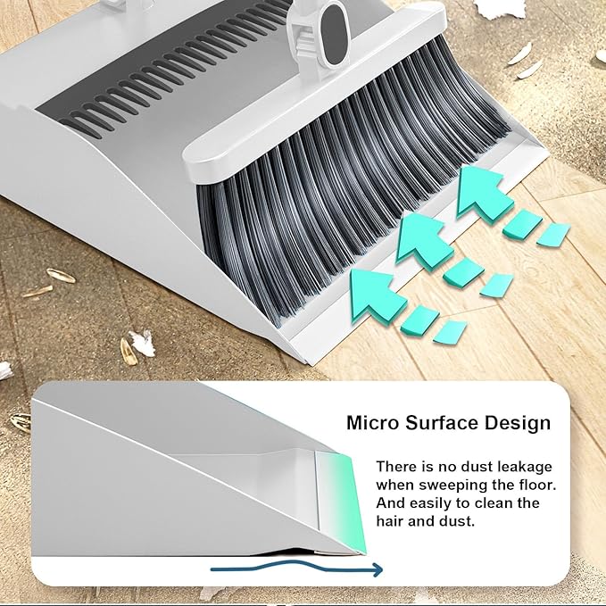 37.8in Broom and Dustpan Set Foldable Hand Brooms for Home & Kitchen with Rotatable Standing Storage, Buckle Type Broom with Dustpan Combo Set Outdoor Brooms Cleaning Tool Apartment Essentials (White)