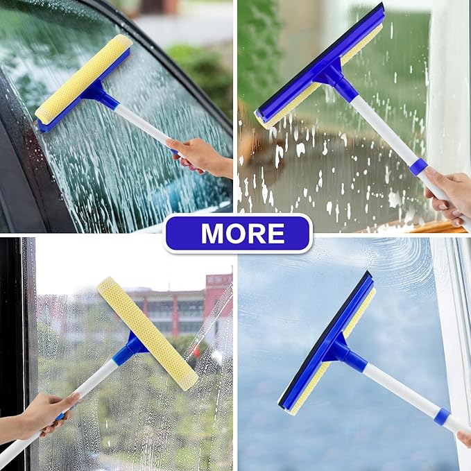 15.9" Window Squeegee for Car,2 in 1 Squeegee Window Cleaner with Long Stainless Steel Handle,Sponge Car Window Squeegee for Gas Station, Glass,Shower (Iron Pole)