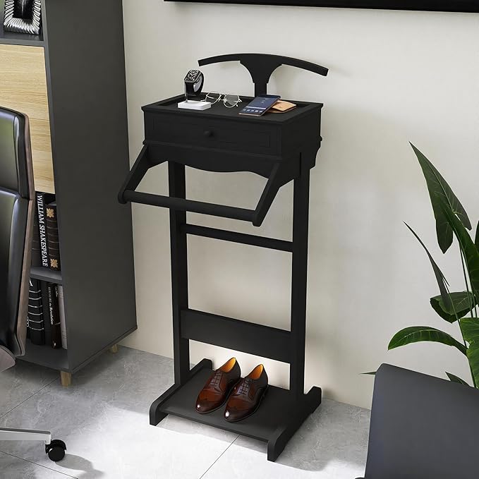 Men's Valet Stand with Tray, Black Wood Clothes Stand, Freestanding Garment Rack Organizer for Enterway, Office, Bedroom