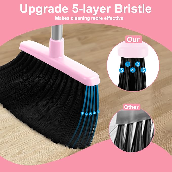 Broom and Dustpan Set House Brooms for Sweeping Indoor Collapsible Broom and Dust Pan Combo for Home Office Kitchen Lobby Floor Pet Hair (Pink)