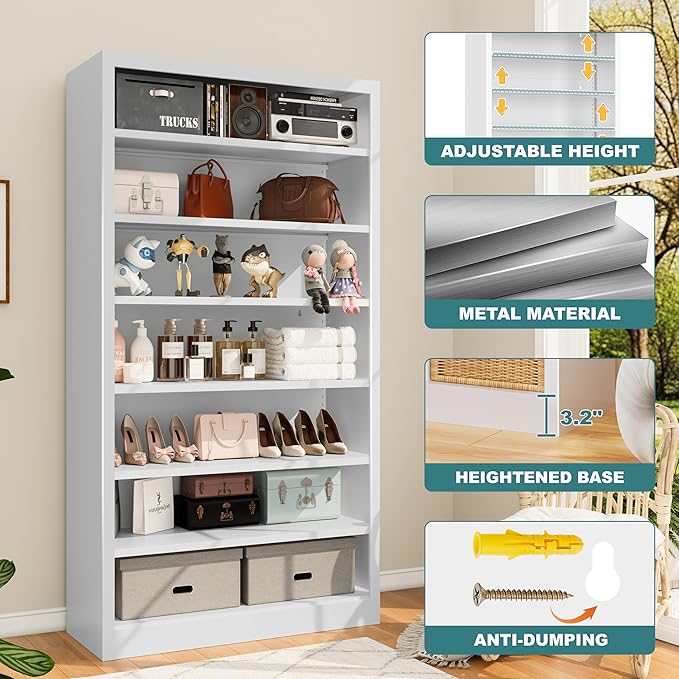 Heavy-Duty Steel Storage with 6 Adjustable Shelves , Metal Shelving Unit for Pantry, Office,Coffee Station– Easy Assembly, Multi-level Organizational Space(White, 7 Tier-55"H x 27.6"W x 11.8"D)
