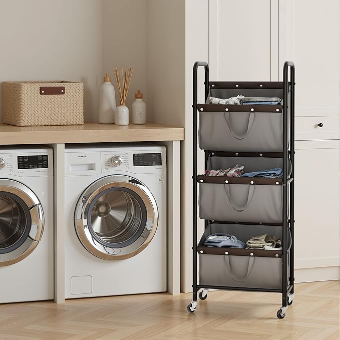 GRANNY SAYS 3 Tier Laundry Sorter, Laundry Hamper with Wheels, Laundry Room Organization and Storage, 3 Section Rolling Laundry Cart for Dorm, Bathroom, Bedroom, Closet, Grey