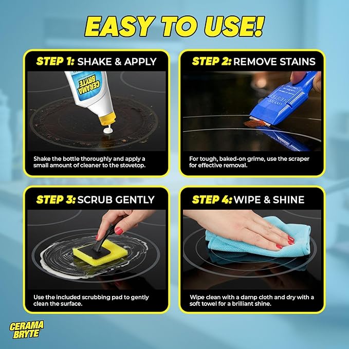 Cerama Bryte Glass Cooktop and Stove Top Cleaner Combo Kit - Includes Cleaning Tool, Razor, Scraper and 1 Pad to Remove Tough Stains - Use on Gas, Electric, Ceramic Surfaces, 10 Ounces, 4 Piece
