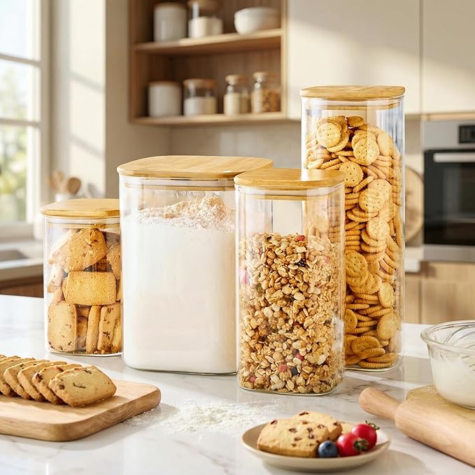 Extra Large Square Glass Flour & Sugar Storage Containers with Airtight Lids, 132oz & 63oz - 2 Pack Glass Jars with Bamboo Lids, Air tight Pantry Food Storage Containers for Cereal, Pasta, Rice
