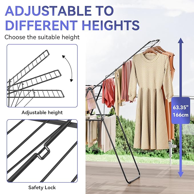 APEXCHASER Clothes Drying Rack, Foldable Oversized Drying Rack Clothing with U-Shaped Foot Cover, Height-Adjustable, Multi-Bar Laundry Rack, Indoor Outdoor Use, 20.47" D x 70" W x 42.52" H, Jet Black