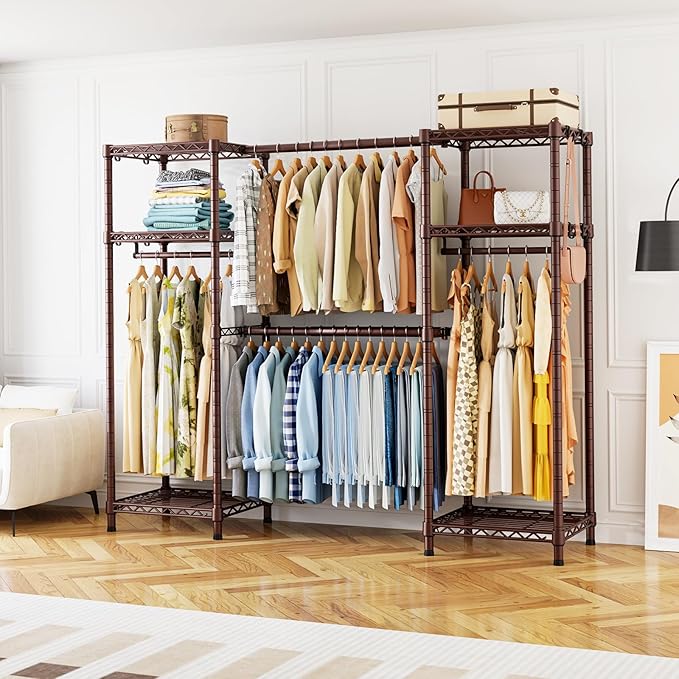 Ulif E7 Garment Rack, Heavy Duty Clothes Storage System with Extendable Hangers Rods, Metal Clothing Rack with 6 Wire Shelves, (52.3"-72") W x 14.5" D x 71.2" H, Load 838lbs, Bronze