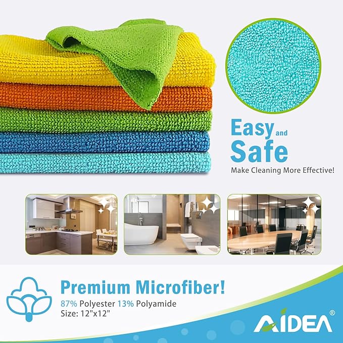 AIDEA Microfiber Cleaning Cloth, 5PK, Soft Absorbent Rags, Microfiber Towels for Cars, Kitchen Towels, Dusting Cloth for Home, Window, Cleaning Supplies, 12"×12"