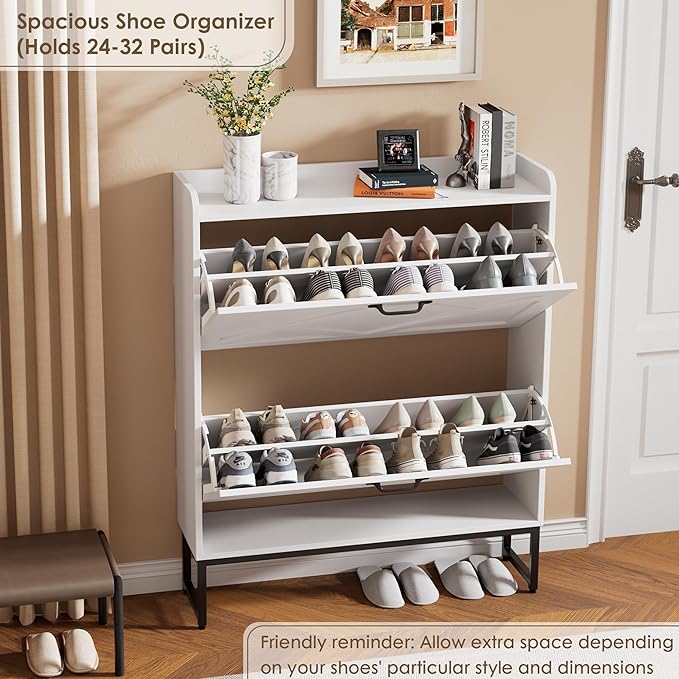 Nicetree Shoe Cabinet with 2 Flip Drawers, Freestanding Shoe Organizer, Shoe Cabinet with Metal Legs, Narrow Shoe Rack Cabinet for Entryway, Foyer, Hallway, White