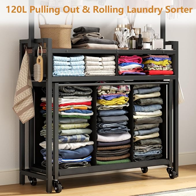 STIKELY Laundry Sorter Hamper with Hanging Cloth Rack, Laundry Basket with 3 Section Pull-Out Rolling Bags, Laundry Sorter for Organization and Storage with 2 Drawers for Laundry Room (Vinatge Brown)