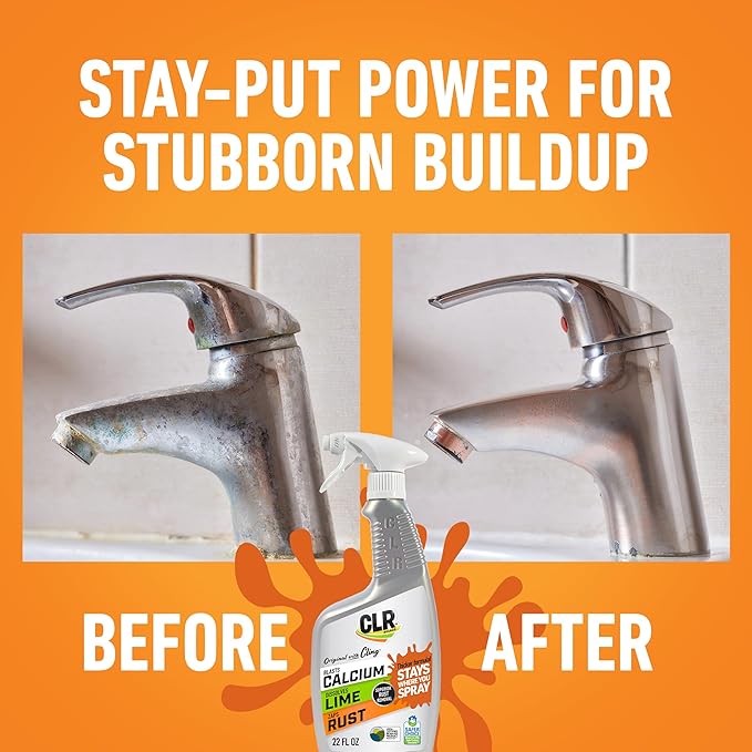 CLR Brands Calcium, Lime & Rust Remover with Cling, 22 oz. Spray Bottle, Adheres to Hard-to-Reach Surfaces, Blasts Calcium, Dissolves Lime Deposits, Zaps Stubborn Rust Stains and Hard Water Deposits