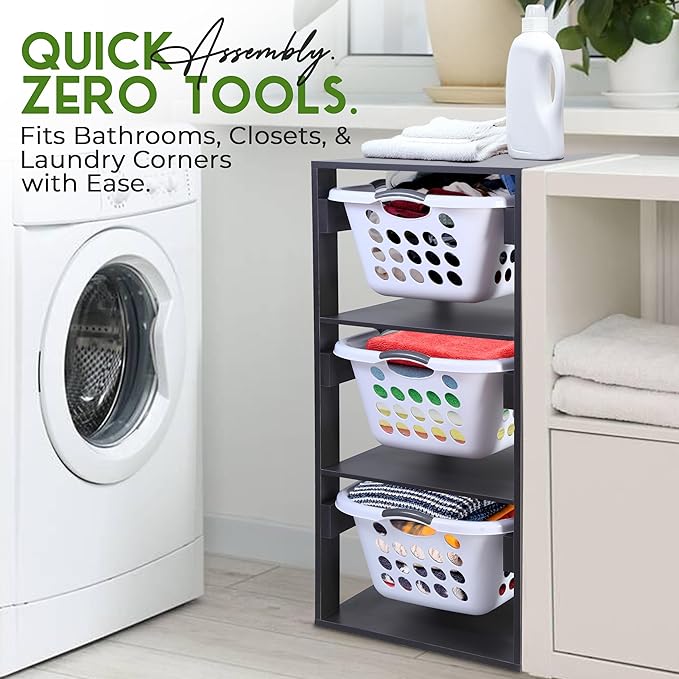 Laundry Basket Holder Shelf (3-Tier) - Stackable Engineered Wood Laundry Tower, Tiered Laundry Hamper Organizer for Bathroom, Bedroom, Laundry Room