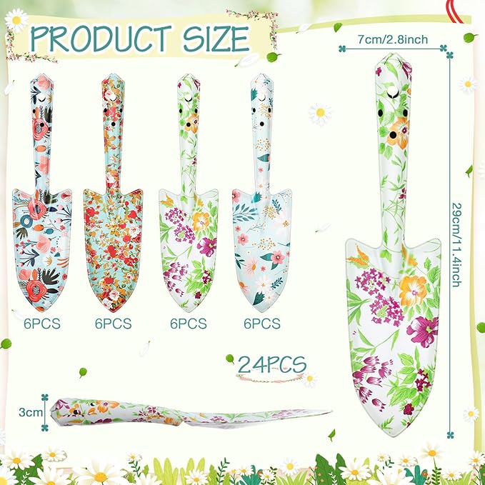 24 Pcs Floral Garden Shovels Bulk Gardening Gift for Women Heavy Duty Garden Tools Floral Hand Shovel for Mom Employees Birthday Thank You Gifts (Green Flowers)