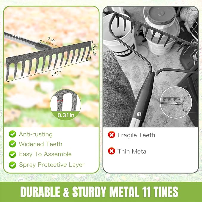 Joyhalo Rake for Leaves, 14 Tines Rakes for Gardening, Adjustable Length from 30.5 to 57 Inch Bow Rake, Metal Rakes for Gardening, Leveling, Loosening Soil