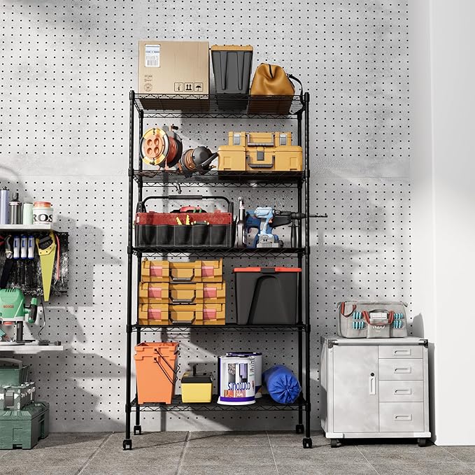 HealSmart Heavy Duty 5-Shelf Storage Shelving Unit, 1250lbs Loading Capacity, 29.92" D x 13.98" W x 62.99" H Adjustable Steel Organizer Wire Rack, Black
