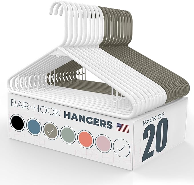 Neaties Plastic Hangers 20 Pack - Made in the USA - 6lb Capacity Standard Clothes Hangers with Strap Hooks for Dresses, Lingerie, Shirts, Pants, and Jackets - White & Gray