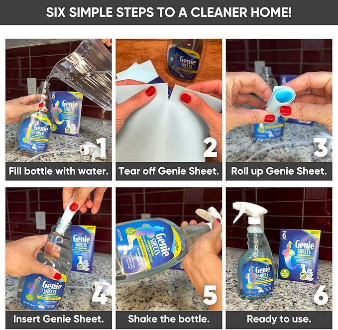 Genie Sheets Glass & Mirror Cleaner | Concentrate Makes 6 24oz Refills | Professional-Strength | Just Add Water | Sustainable Eco-Friendly Plant-Based Solution | 6 Sheets