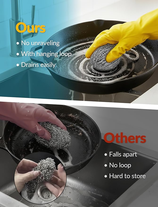 NiHome 10-Pack Steel Wool Scrubbers for Kitchen Cleaning, Stainless Steel Scourers with Hanging String, Reusable Rust-Resistant Scrubbers for Pots, Pans, Grill Racks, Sinks, Cast Iron