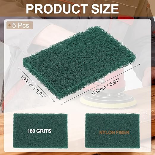 uxcell 5Pcs Scrubber Scouring Pad, 5.9 x 3.9 Inch 180 Grits Drill Power Brush Rectangle Scrub Pads Discs Polishing Pad for Household Furniture Automotive Cleaning, Green