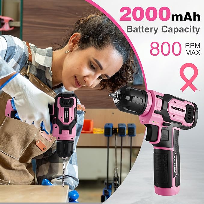 WORKPRO Pink Cordless Drill Set, 8V Impact Drill Driver with 53pcs Bit Set, 2.0Ah Electric Power Drill Kit with 3/8" Keyless Chuck and Variable Speed Trigger, Portable for DIY- Pink Ribbon