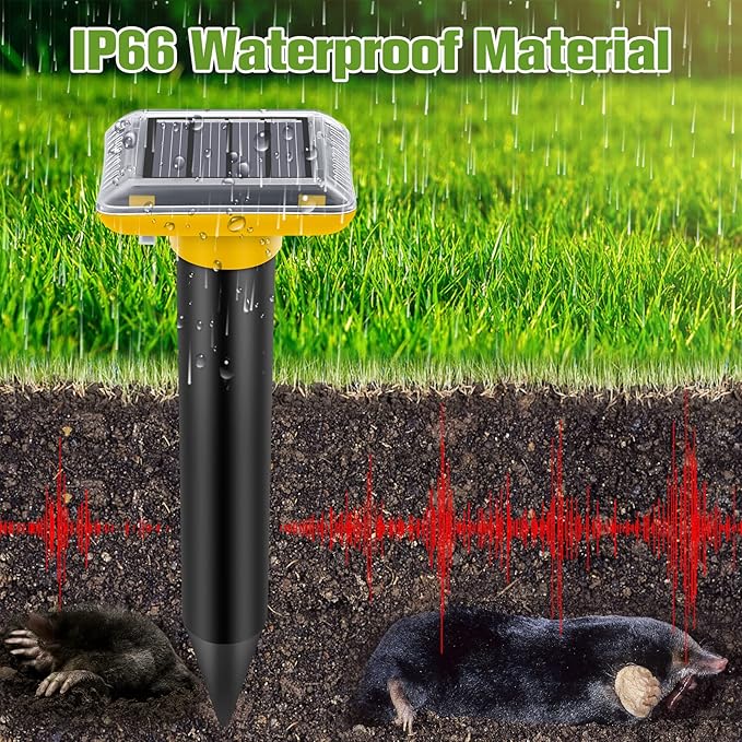 Solar Mole Repellent, Ultrasonic Gopher Repeller Outdoor, Solar Powered Waterproof Snake Repellent Deterrent Gopher Vole Snake Pest and Other Animals from Lawn Garden Yard Home(2 Packs)