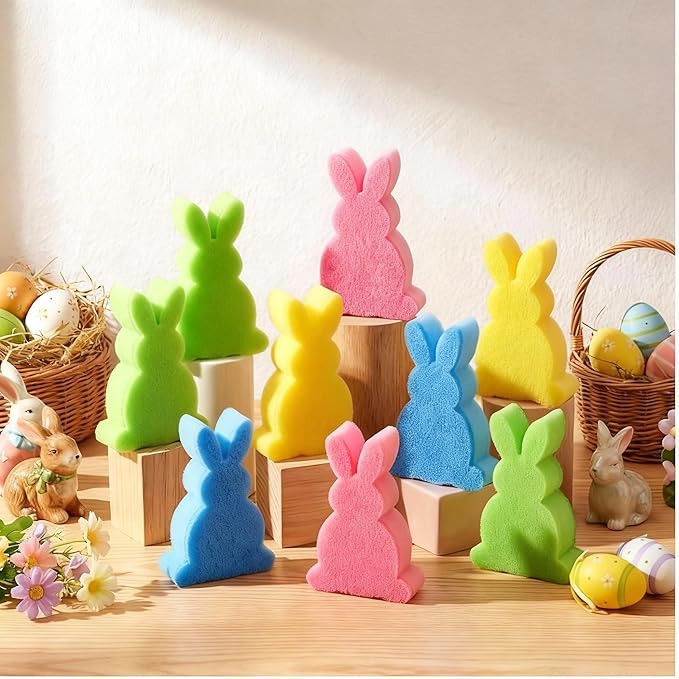 Tioncy 12 Pack Kitchen Sponges Bulk Dual Sided Scrubber Sponges Dishwashing Kitchen Cleaning Accessories for Household Supplies(Cute Easter Bunny,Pink, Green,Blue, Yellow)