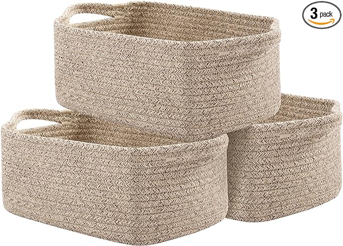 OIAHOMY Cotton Rope Baskets, Woven Baskets for Storage, Nursery Storage Baskets, Rectangle Storage Basket with Handles, Storage Baskets for Shelves, Pack of 3, Brown Variegated