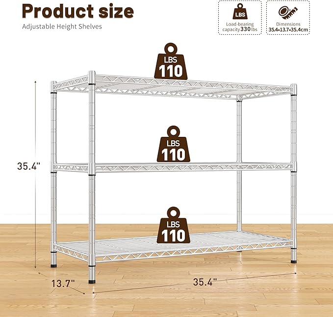 3- Shelf Metal Shelving Unit 35.6Wx14Dx36H,Adjustable Storage Shelves Heavy Duty Garage Steel Shelving for Office,Wire Rack Small Shelf for Kitchen Shelves Laundry Bathroom Pantry Closet,Chrome,2pc