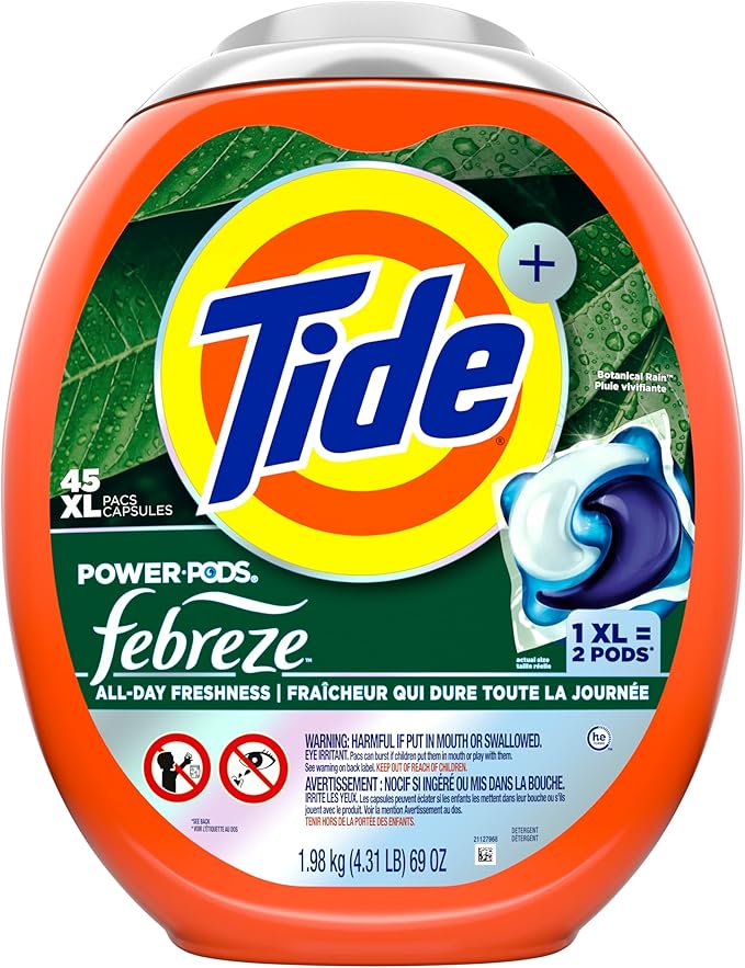 Tide Power Pods with Febreze Laundry Detergent Pacs,Botanical Rain Scent,All-Day Freshness,45 Count (Pack of 2)