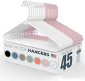 Neaties Plastic Hangers 45 Pack - Made in the USA - 6lb Capacity Standard Clothes Hangers with Strap Hooks for Dresses, Lingerie, Shirts, Pants, and Jackets - White & Pink