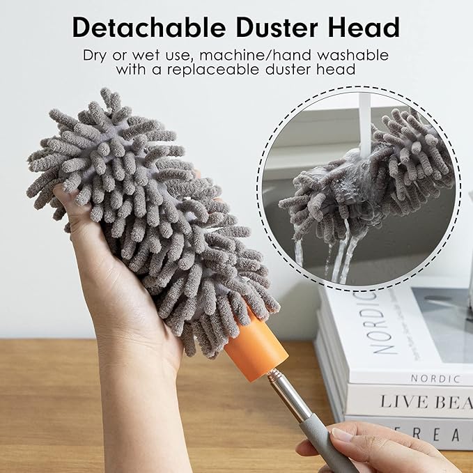 Microfiber Duster for Cleaning, Tukuos Hand Washable Dusters with 2pcs Replaceable Microfiber Head, Extendable Pole, Detachable Cleaning Brush Tool for Office, Car, Window, Furniture, Ceiling Fan