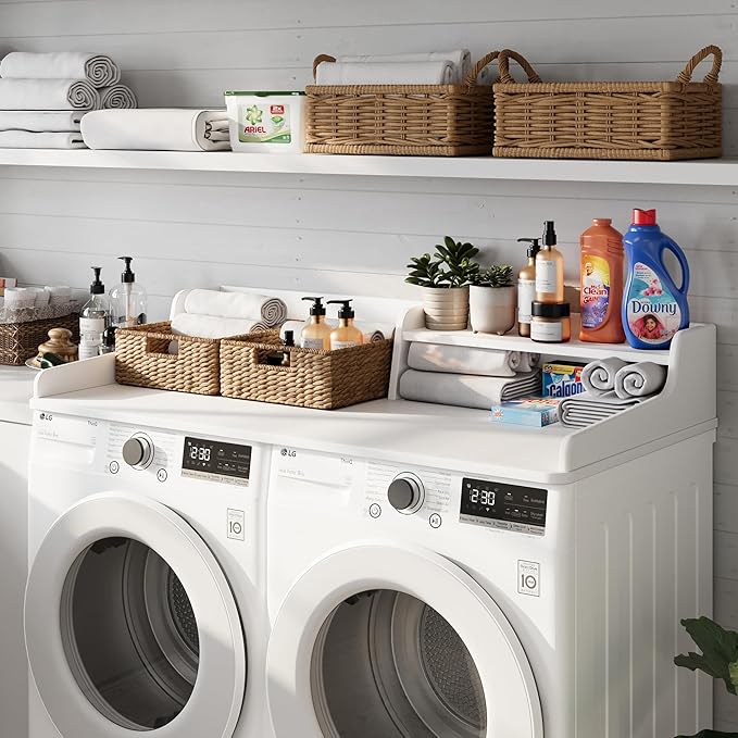 Washer Dryer Countertop Laundry Wood 2 Tier Shelves Topper with Edge, 54" W x 26.7" D Cover Guard Organizer for Washer and Dryer Laundry Hamper Counter Storage Organization White Wood