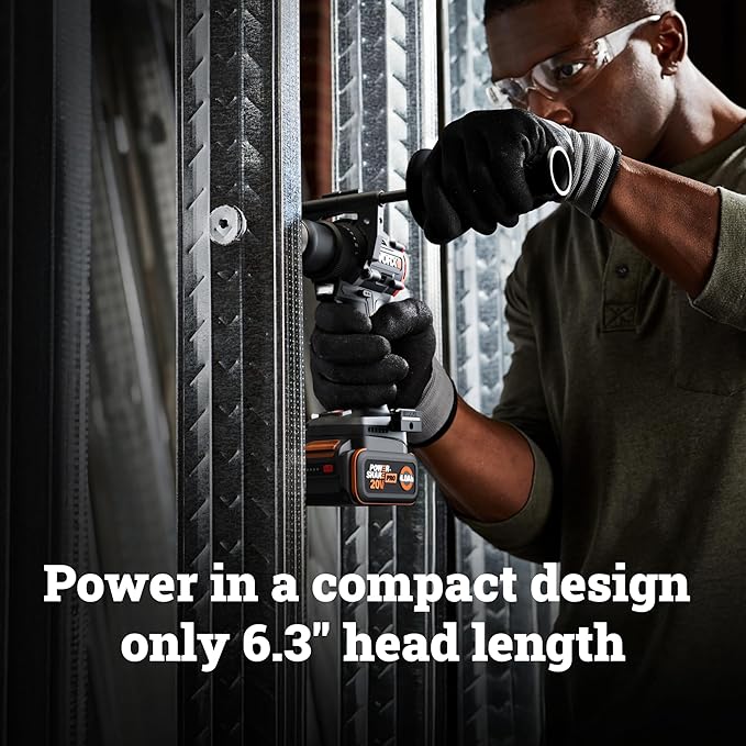WORX Cordless Drill Driver, 20V 930 in·lbs Brushless Power Drill Driver, Powerful and Faster Drilling and Driving, Compact 6.3" length, 20V 4.0 Ah Battery and Charger Included, PowerShare