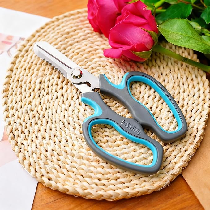 CYRUS Serrated Pruners Flower Scissors Floral Shears for Cutting Flowers,Garden Shears with Integrated Stab Remover,Florist Cutters Rose Snips,Blue