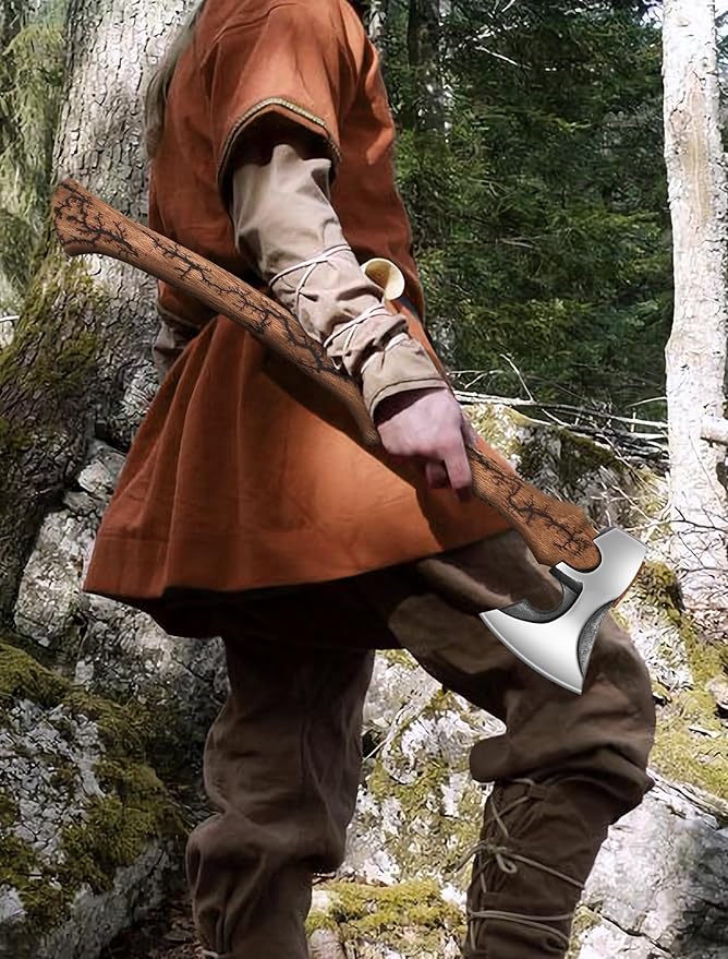27.8" Splitting Axe, Wood Splitting Axe with Lichtenberg Pattern Wood Handle, 1065 High Carbon Steel Chopping Axes with Leather Sheath and Sharpening Stone for Chopping Firewood