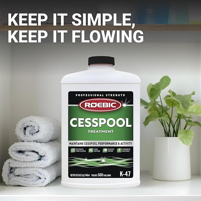 Roebic K-47-Q Cesspool Treatment: Prevents Clogging, Buildup, Exclusive Bacteria Digests Paper, Destroys Sludge - 32 Ounces, White/Green