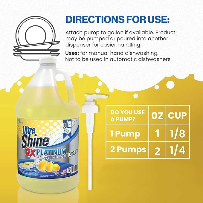 Ultra Shine™ 4 Pack 2X Platinum™ Dish Cleaning Liquid, Lemon Scent, 1 Gallon, Yellow - Powerful Grease Remover Dishwashing Soap
