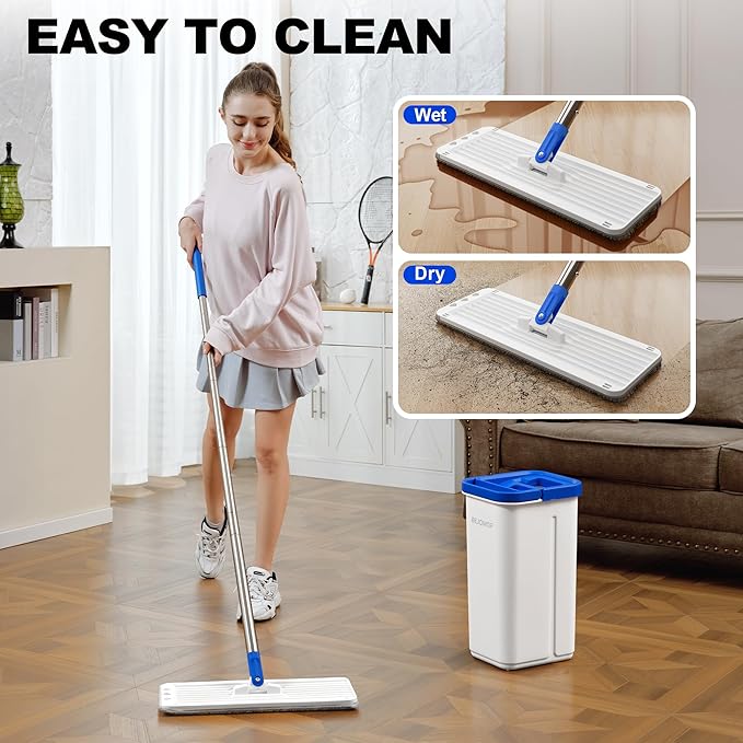 Mop and Bucket Set, Mops for Floor Cleaning with Long Handle, Squeeze Flat Mop and Bucket System, Dry & Wet Dust Mops for Household Floor Cleaning with 3 Microfiber Mops, Slate Blue