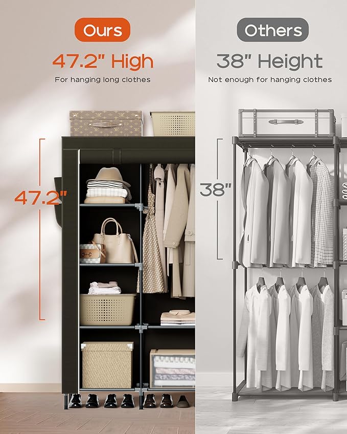 CASAMAYA Portable Closet, 48 Inch Large Capacity Wardrobe Closet, Clothes Storage Organizer with Shelves and Hanging Rod, Easy to Assembly, Black PCT221B01