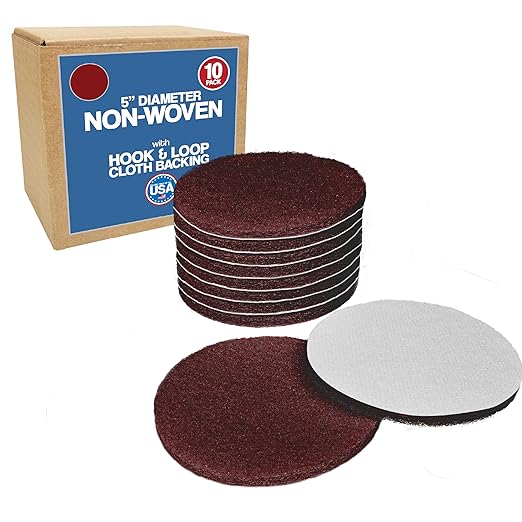 5" Abrasive Pad Hook & Loop Round Non-Woven Discs for Wood, Metal, Scuff Sanding Between Coats of Finish/Paint, Rust Removal, Deburring, Clean Metal, Medium Scuff Pads - 320 Grit - 10 Pack (Maroon)