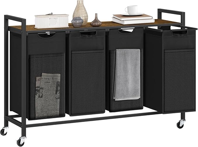 Laundry Hamper, Laundry Basket with 4 Pull-Out Removable Oxford Fabric Bags, 4 x 10.6 Gallons, Total 160L, Cloth Laundry Sorter with a Top Shelf 45.7"x13" (Black and Rust)