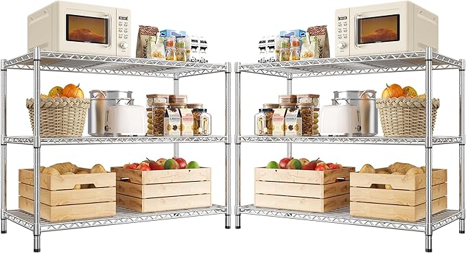 3- Shelf Metal Shelving Unit 35.6Wx14Dx36H,Adjustable Storage Shelves Heavy Duty Garage Steel Shelving for Office,Wire Rack Small Shelf for Kitchen Shelves Laundry Bathroom Pantry Closet,Chrome,2pc