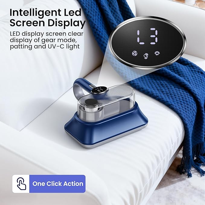 Mattress Vacuum Cleaner Powerful Vibration Handheld Couch Vacuum with UV-C Light and LED Display, HEPA Filter, Versatile Bed Vacuum Cleaner Cordless with Type-C Charging Port for Bed, Sofa, Carpets
